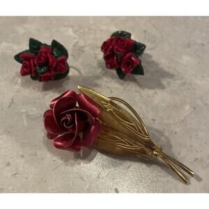 Metal Rose Brooch Vintage Gold Tone Flower Curled Petals & Earrings Japan